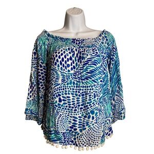 Lilly Pulitzer Womens Nita Off Shoulder Top‎ Sz S Blue Tang Gang Print Pom Pom